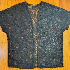 American City Wear Black Lace Open Front Kimono Cardigan Sheer‎ Short Sleeve
